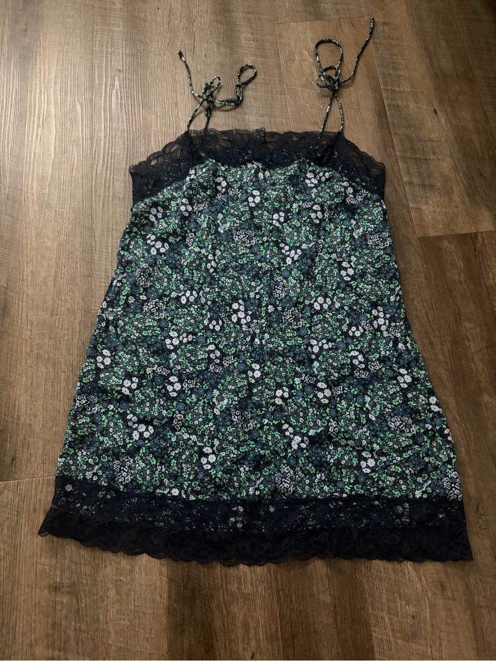 Floral Lace Trim Slip Dress - Navy & Green
